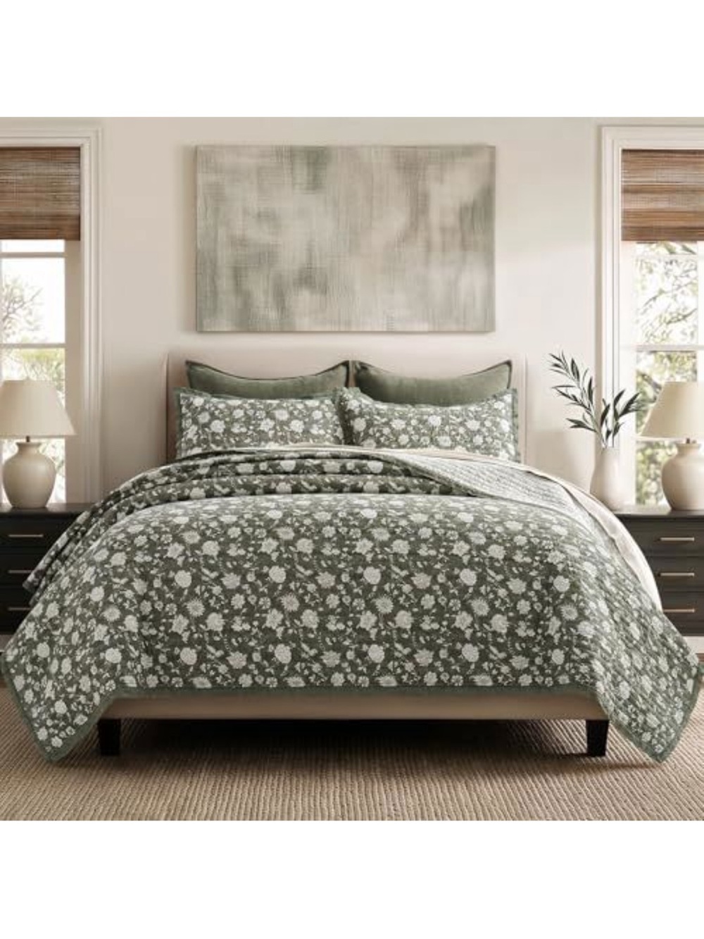 Green Floral Cotton Quilt Set - Classic Home Bedding